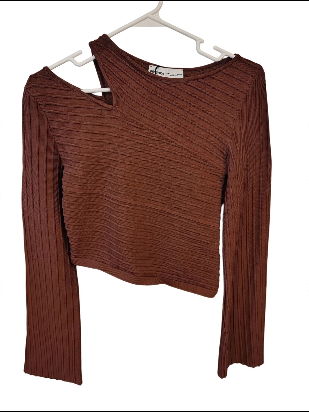 Bershka Brown Ribbed Asymmetrical Cutout Long-Sleeve Top